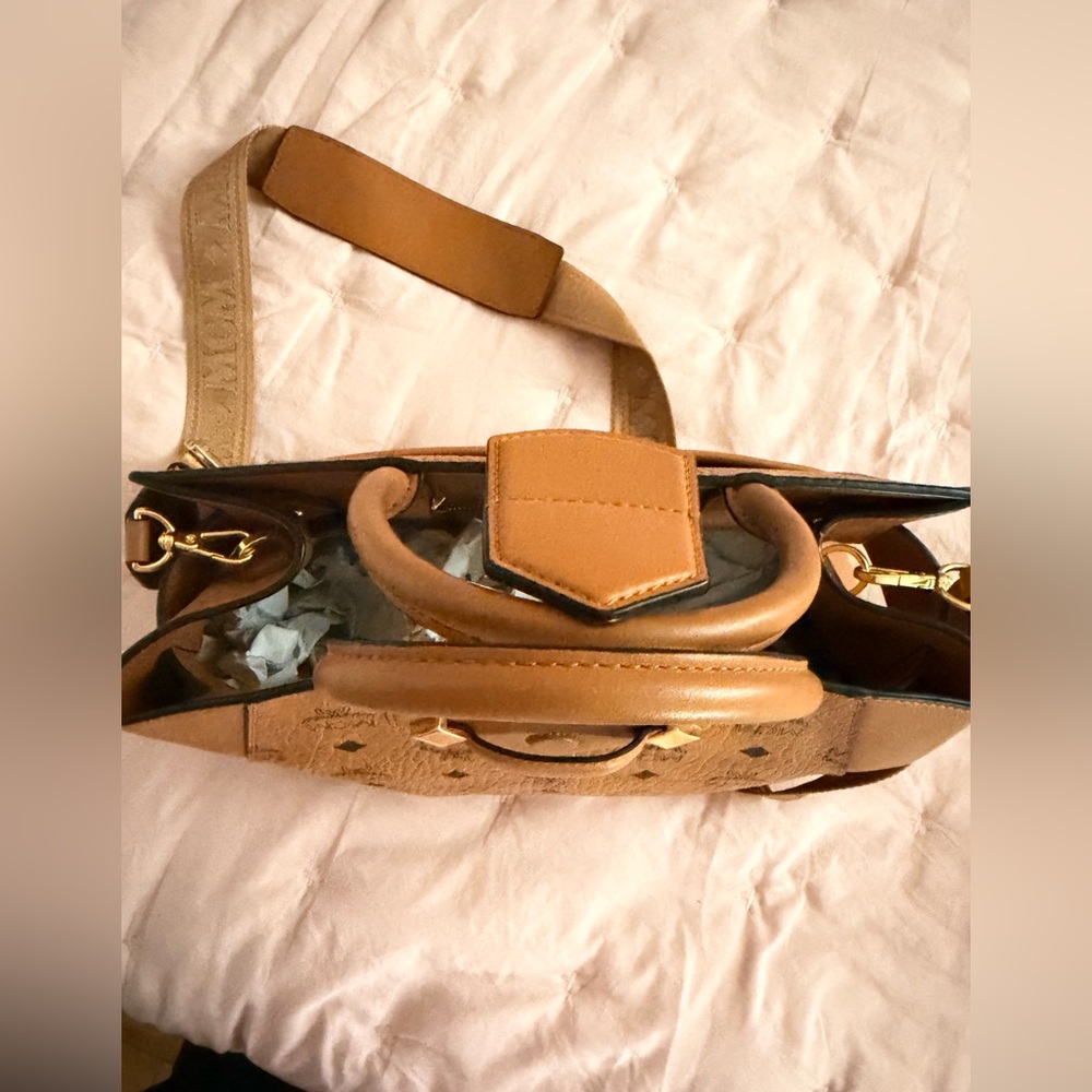 MCM Cognac/Gold Visetos Logo Satchel with Detachable Strap - Picture 3 of 6